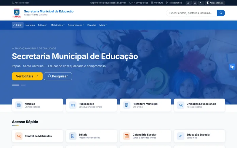 Tela inicial do site Secretaria de Educação de Itapoá